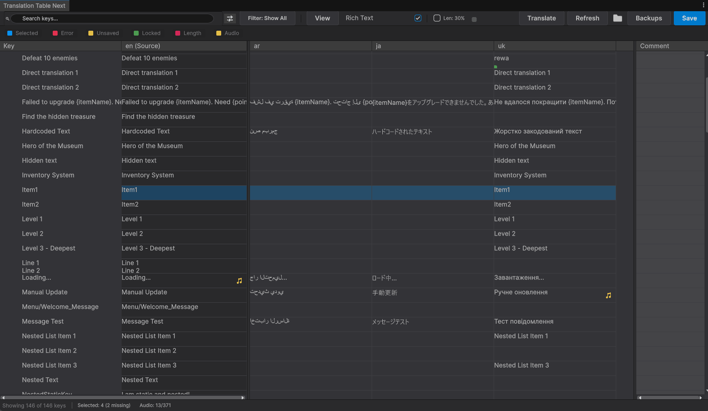 Example of plural keys in the editor